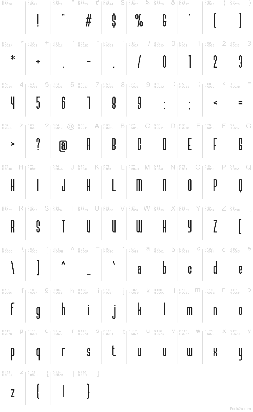 Akrola Regular font character map: Basic Latin, page 1