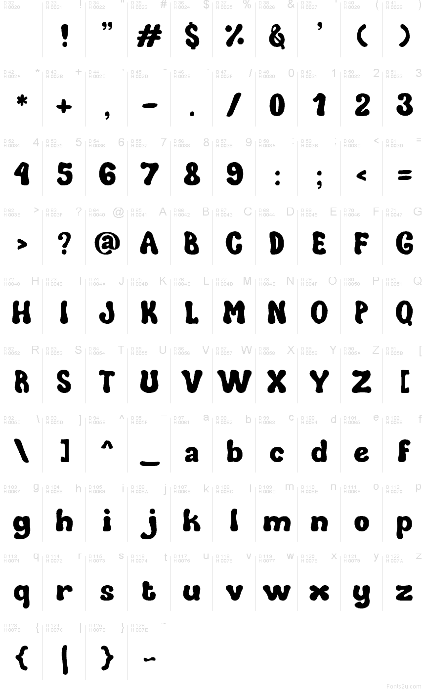 Aksara Astral Regular font character map: Basic Latin, page 1