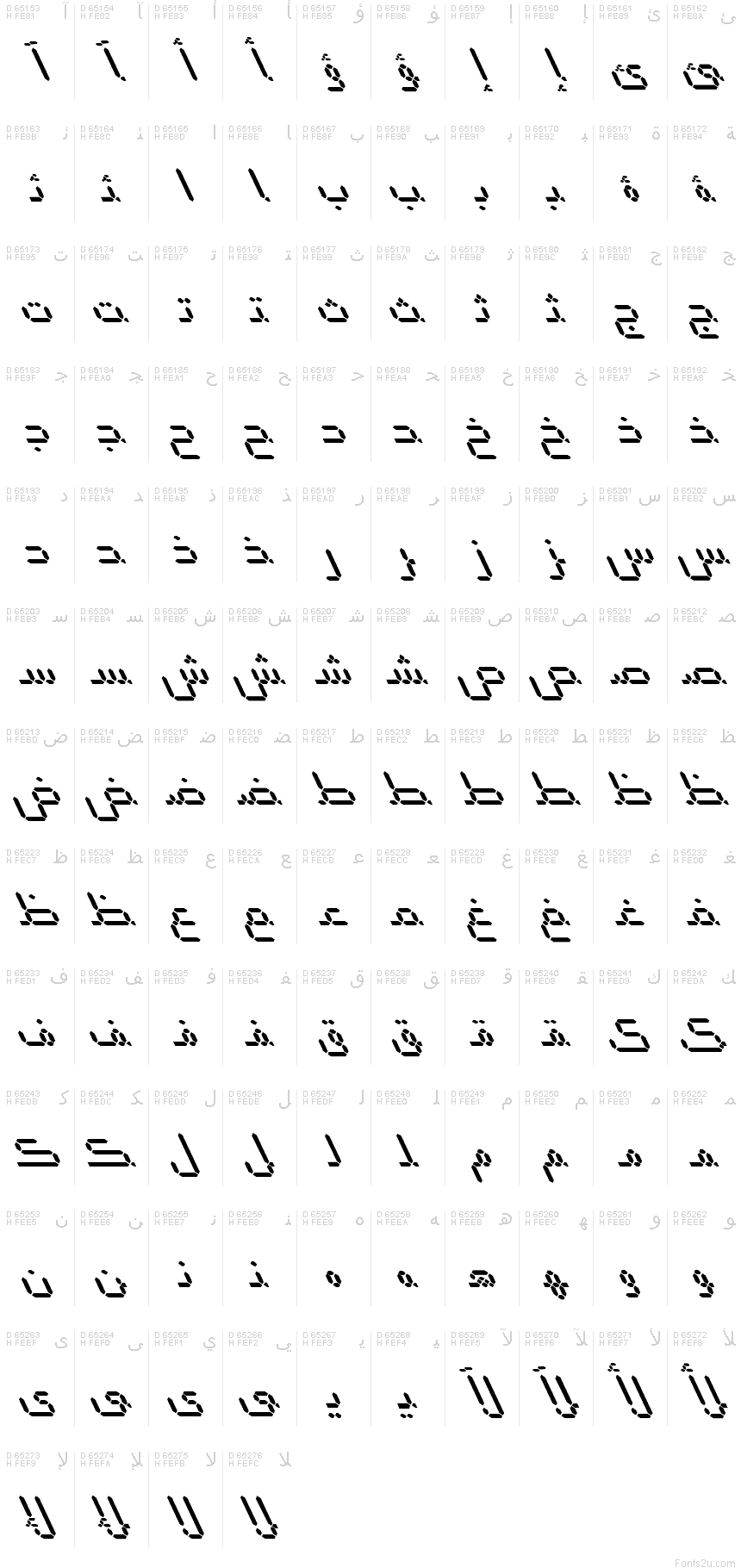 Mapa znakov písma B Elm Italic: Arabské prezentačné formy-B, strana 1