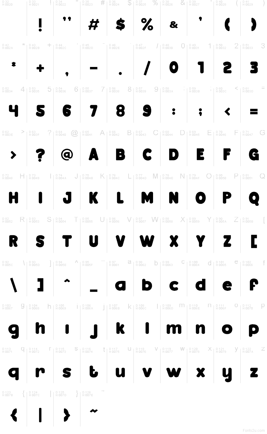 Bloksy One font character map: Basic Latin, page 1