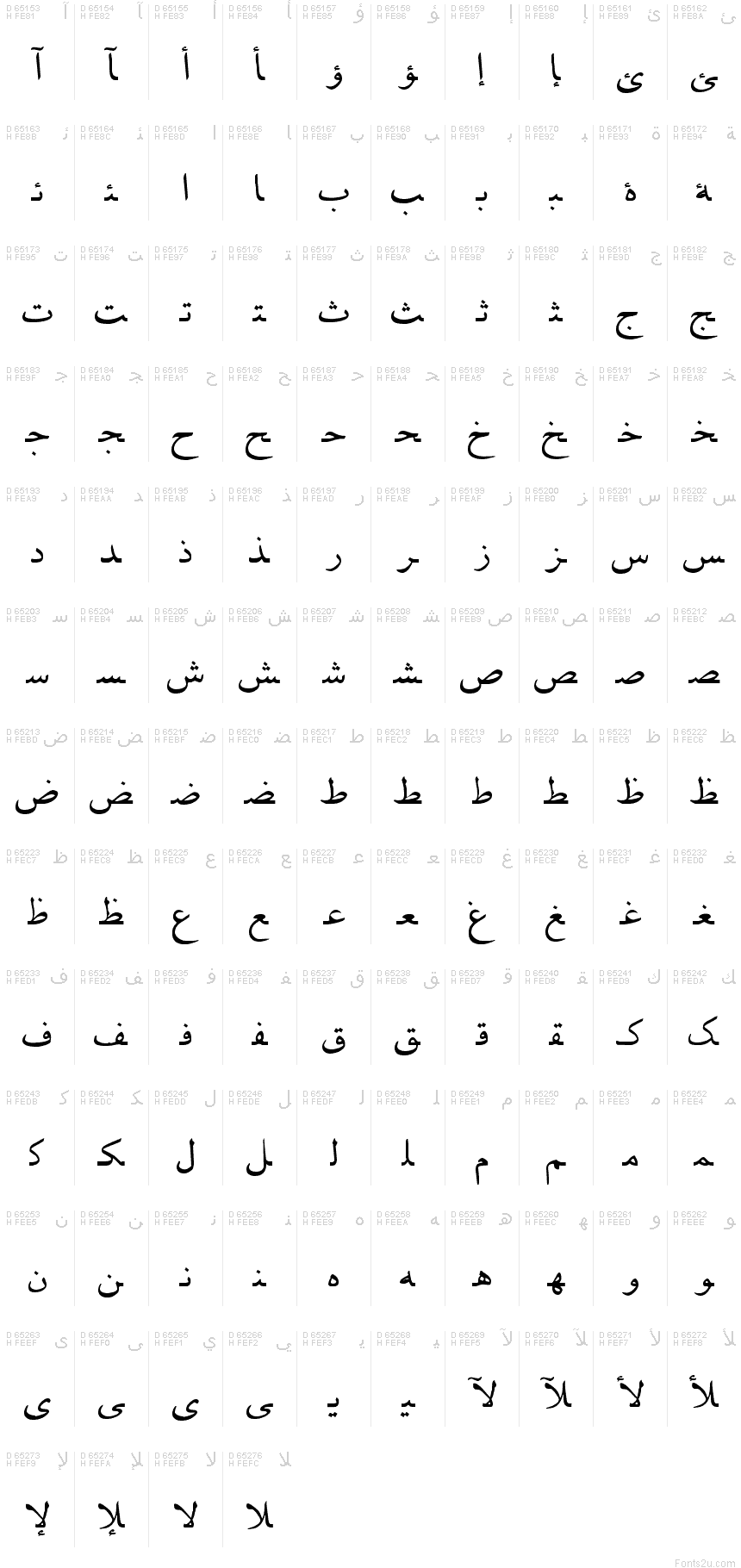 B Mashhad font character map: Arabic Presentation Forms-B, page 1