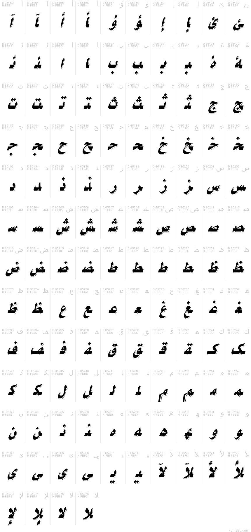 Mapa znaków czcionki B Nikoo Italic: Arabskie formy prezentacyjne-B, strona 1