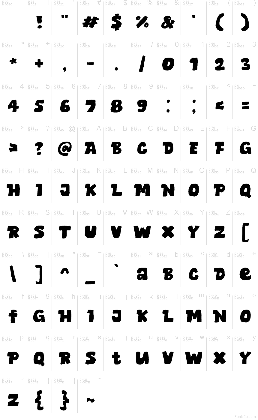 Braos Clash font character map: Basic Latin, page 1
