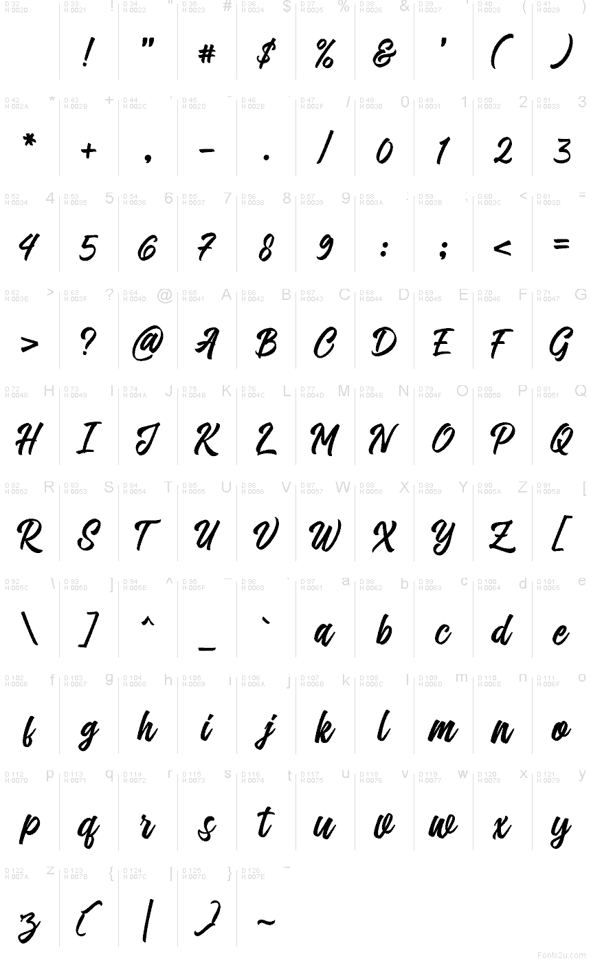 BrolineScript-Regular font character map: Basic Latin, page 1