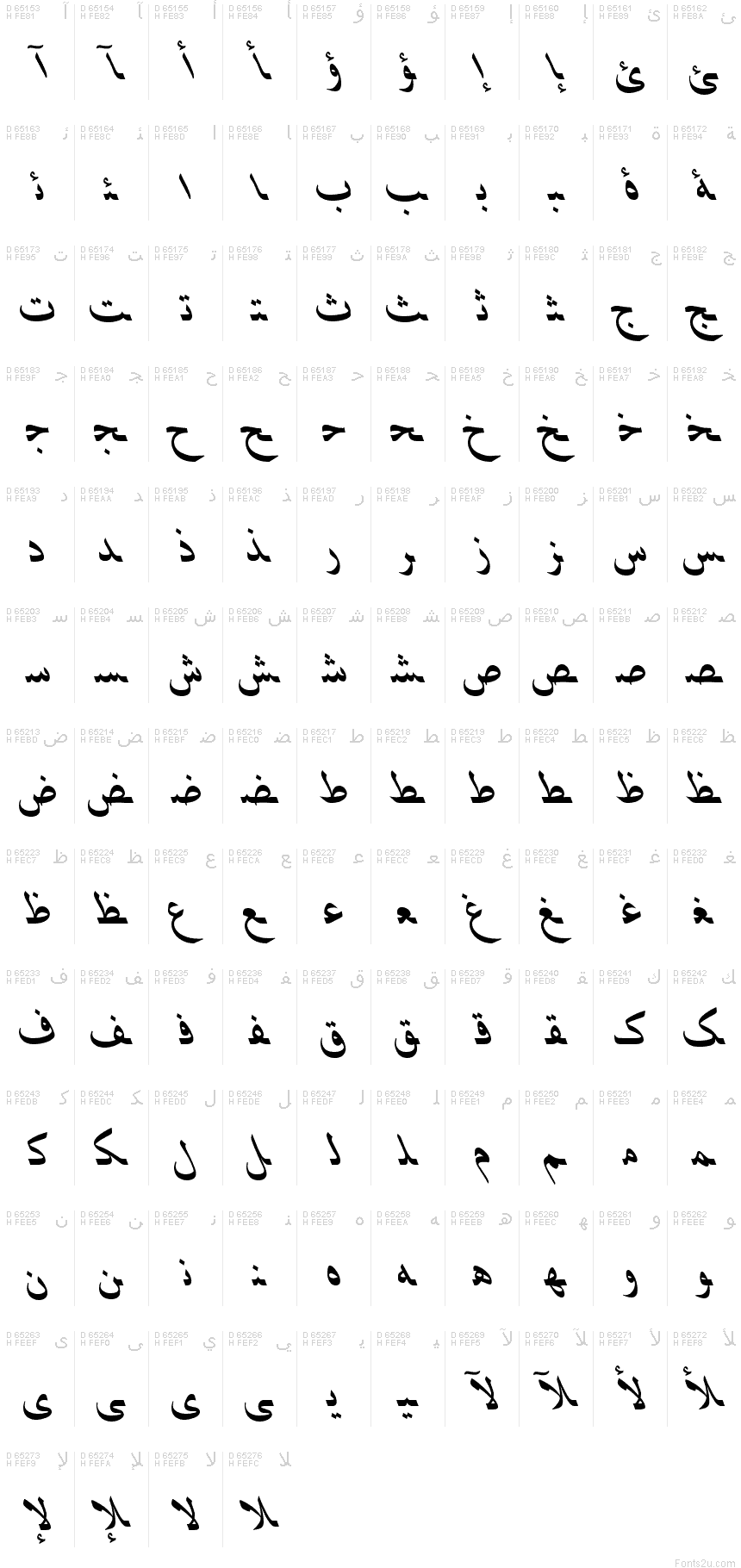 Zeichentabelle von B Shiraz Italic: Arabische Präsentationsformen-B, Seite 1