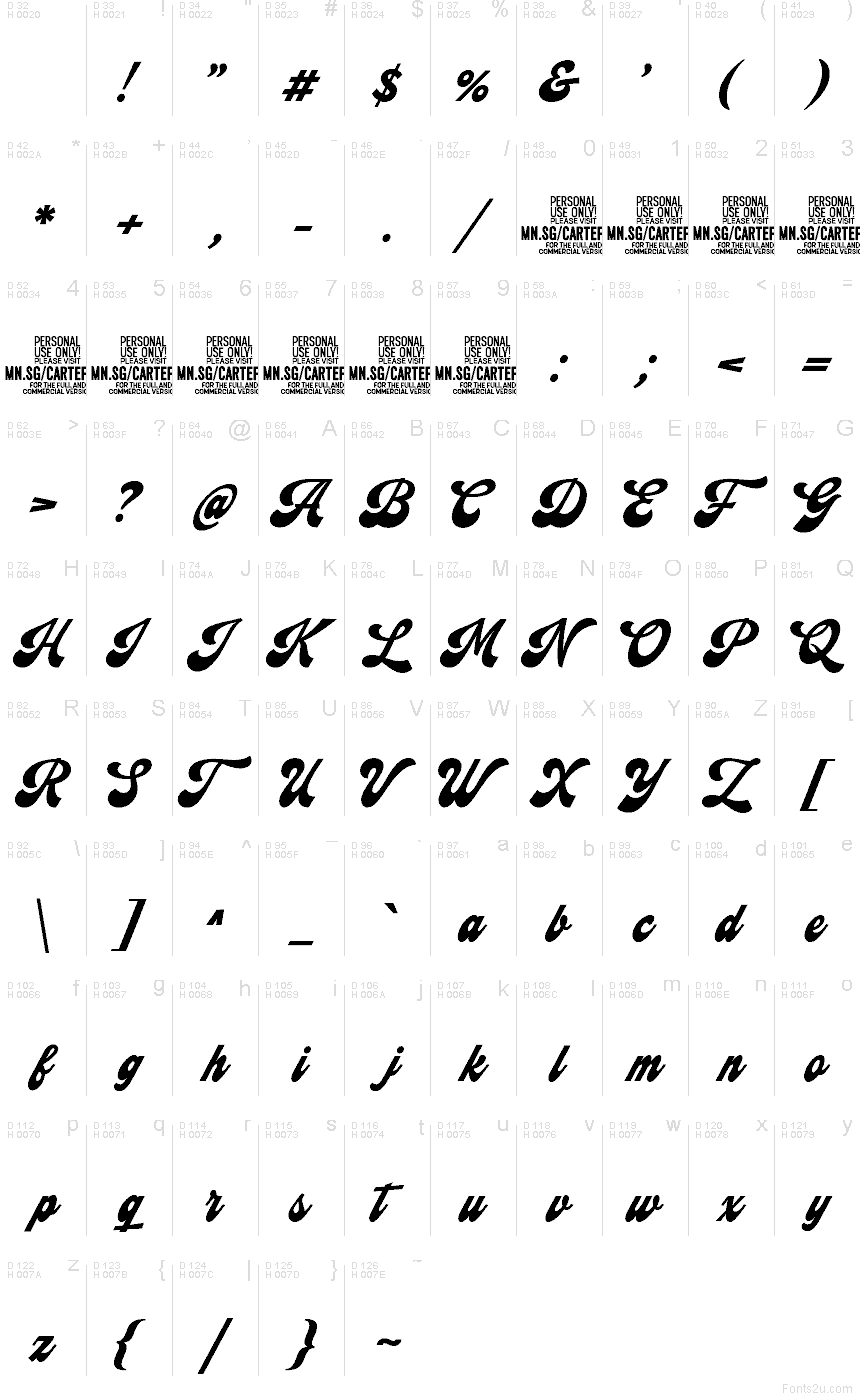 Cartefield PERSONAL USE Regular font character map: Basic Latin, page 1