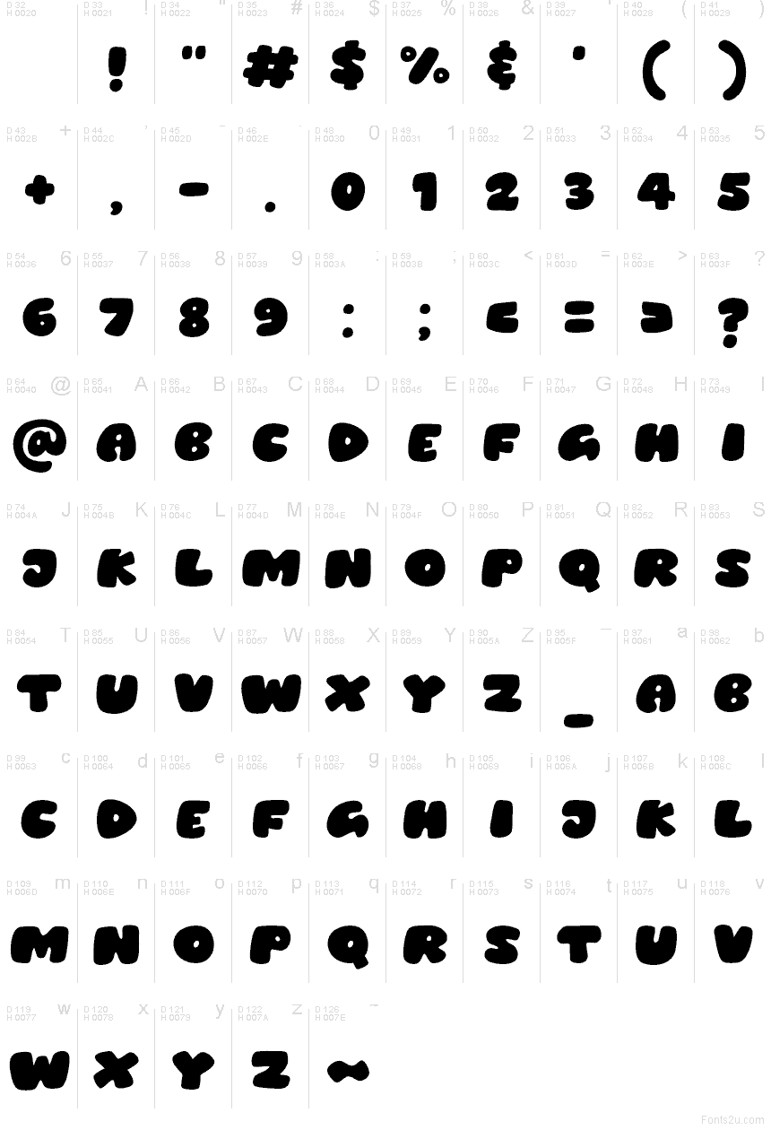 Cashing font character map: Basic Latin, page 1