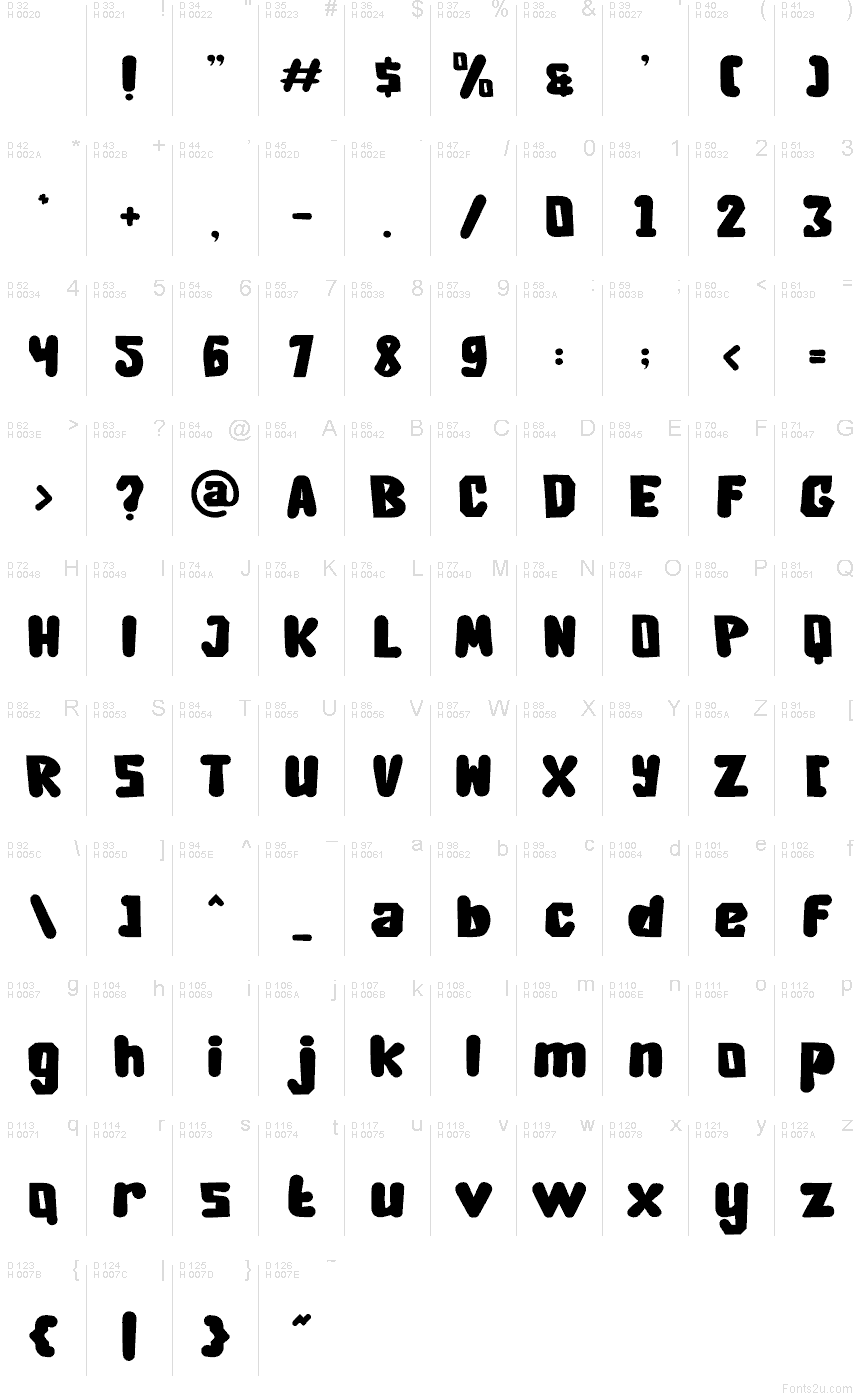 Cheezy Time font character map: Basic Latin, page 1