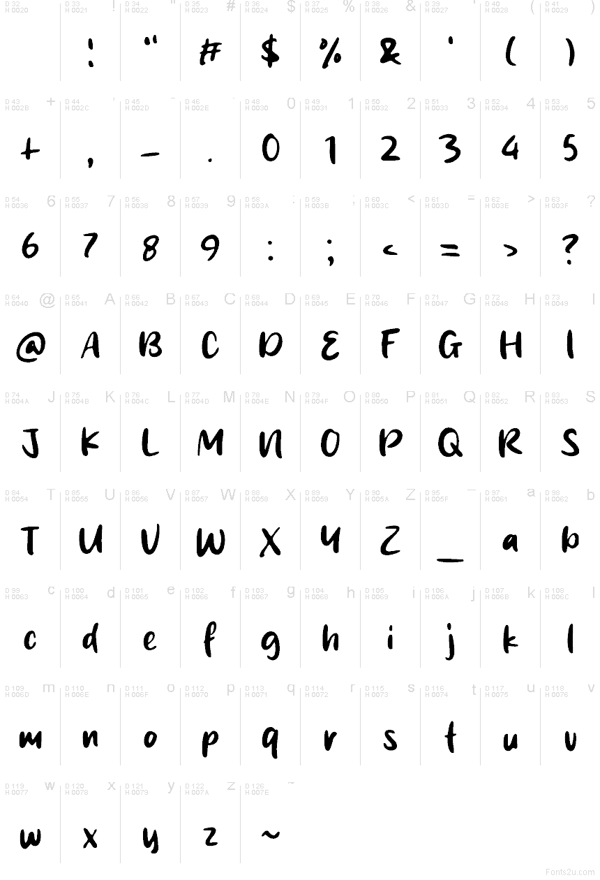 Crative Think font character map: Basic Latin, page 1