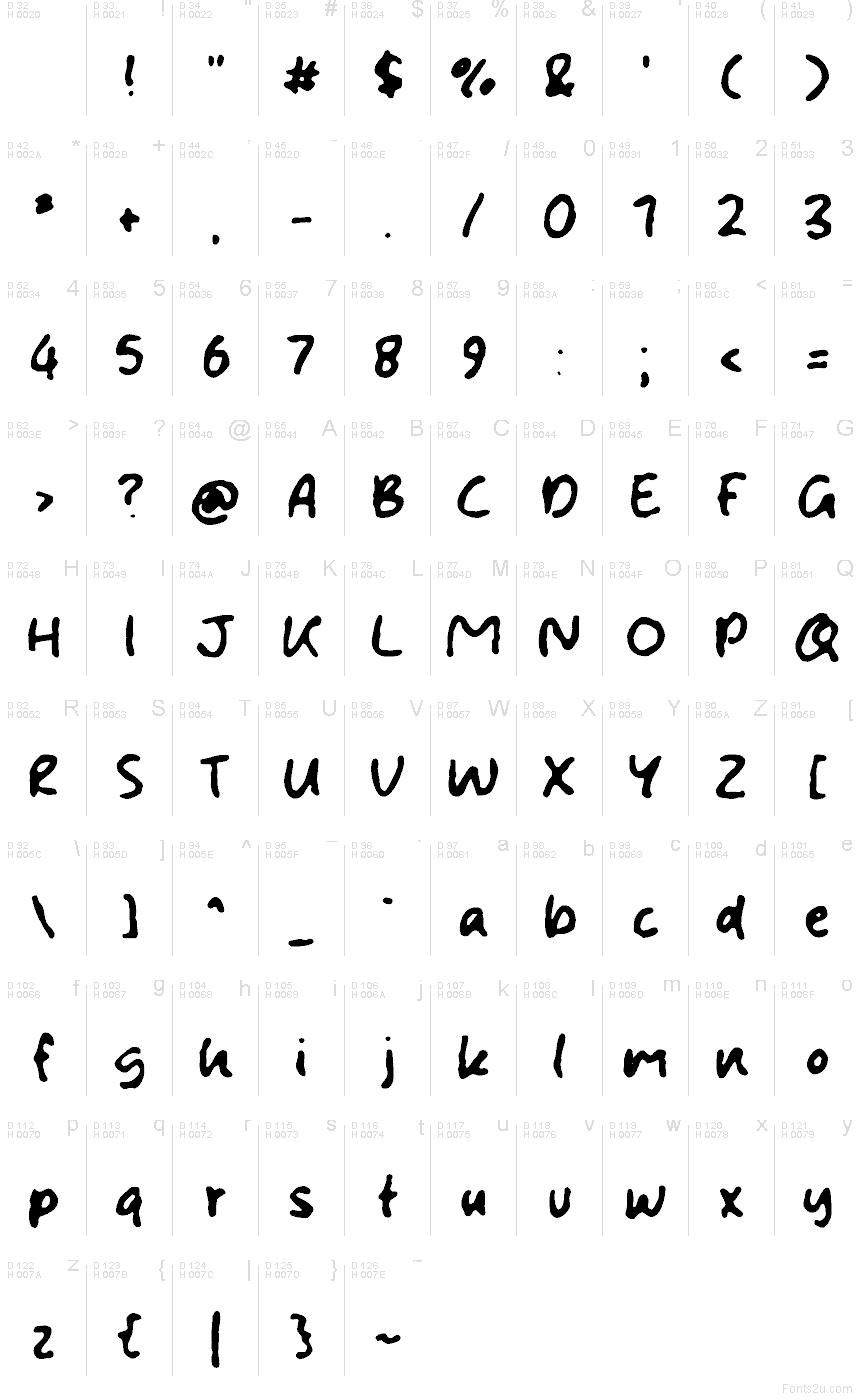 Crazy Work font character map: Basic Latin, page 1
