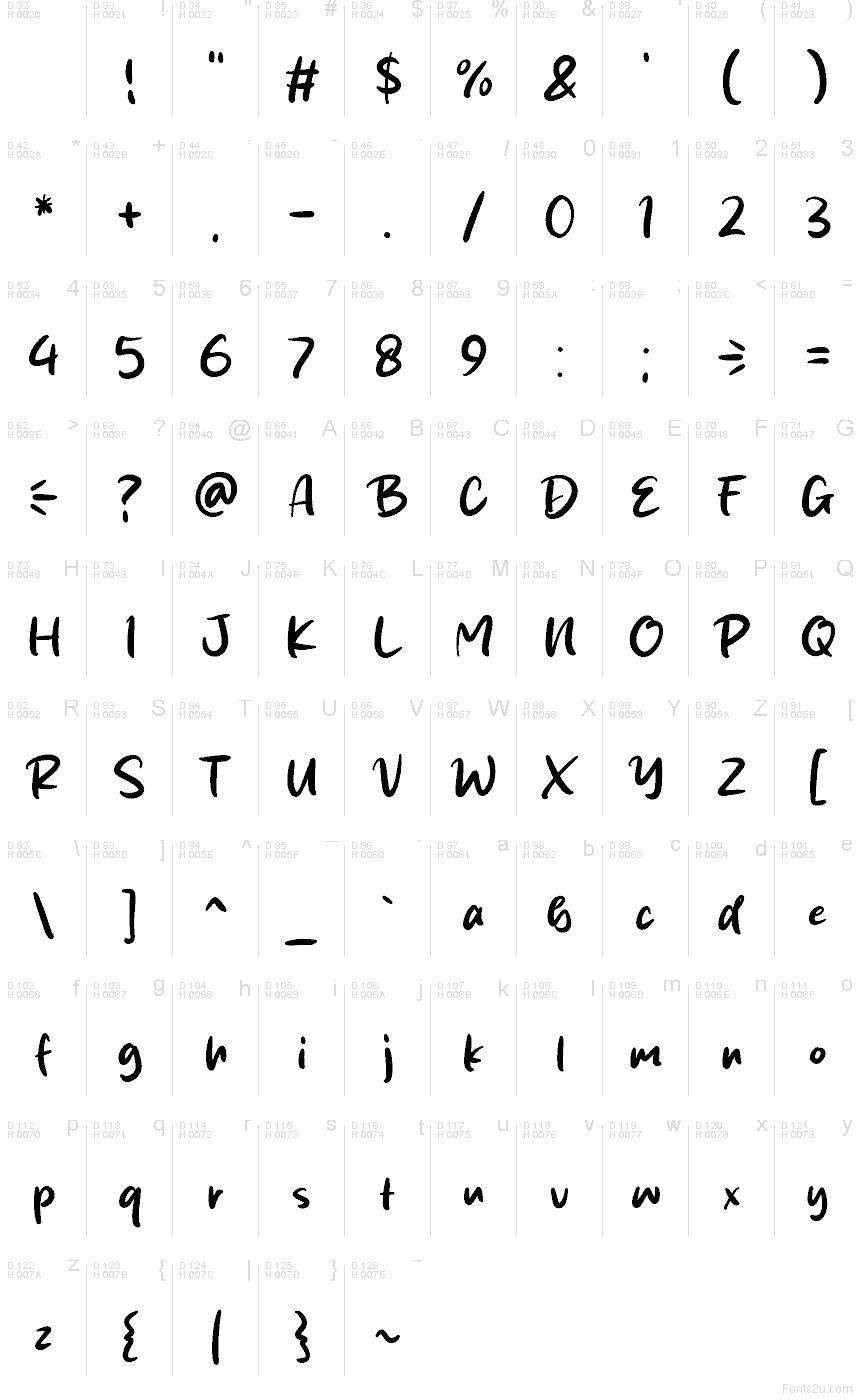 Diary Story font character map: Basic Latin, page 1