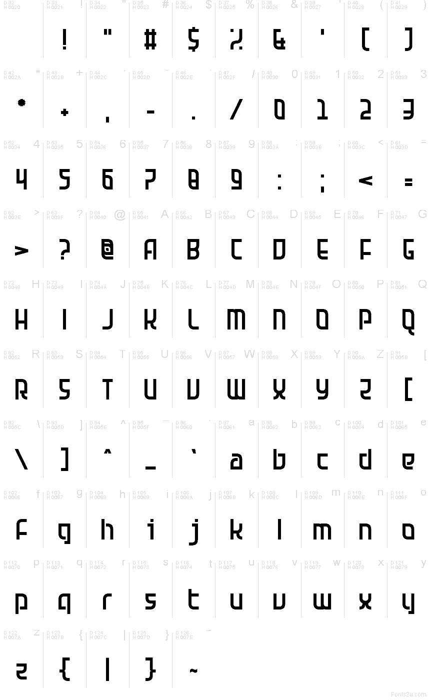 Futuralistic font character map: Basic Latin, page 1