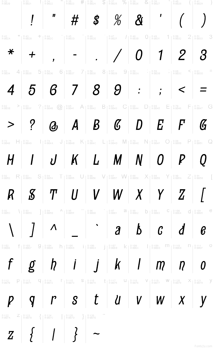 Table des caractères de Gildabeth Semi Bold Italic : Latin de base, page 1
