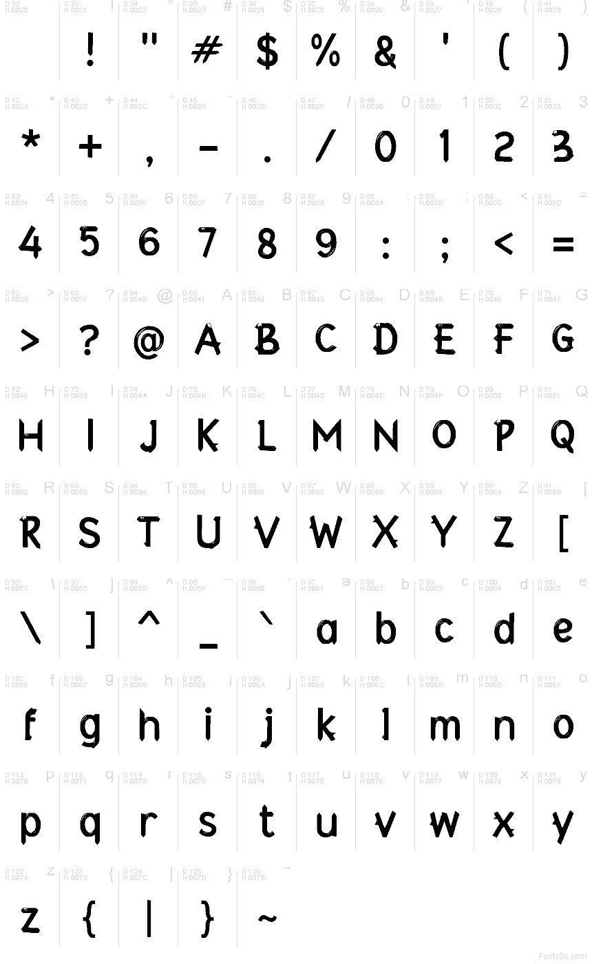 Jegrak font character map: Basic Latin, page 1