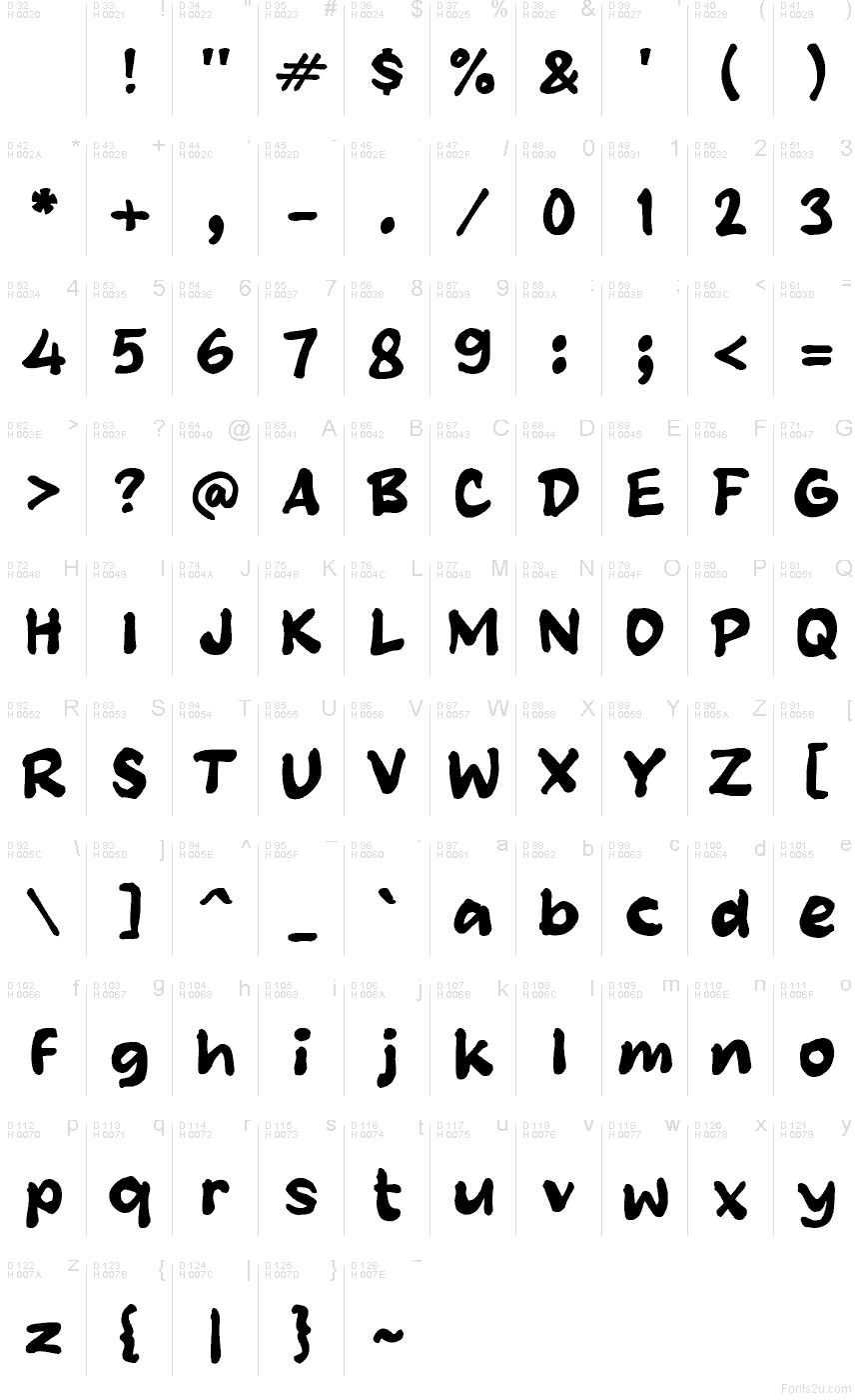 Okelah font character map: Basic Latin, page 1