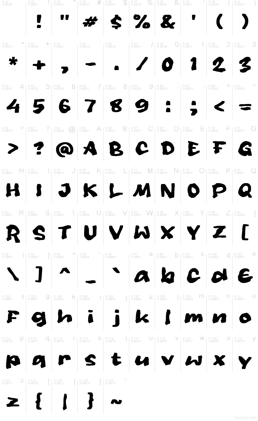 OLETAG font character map: Basic Latin, page 1