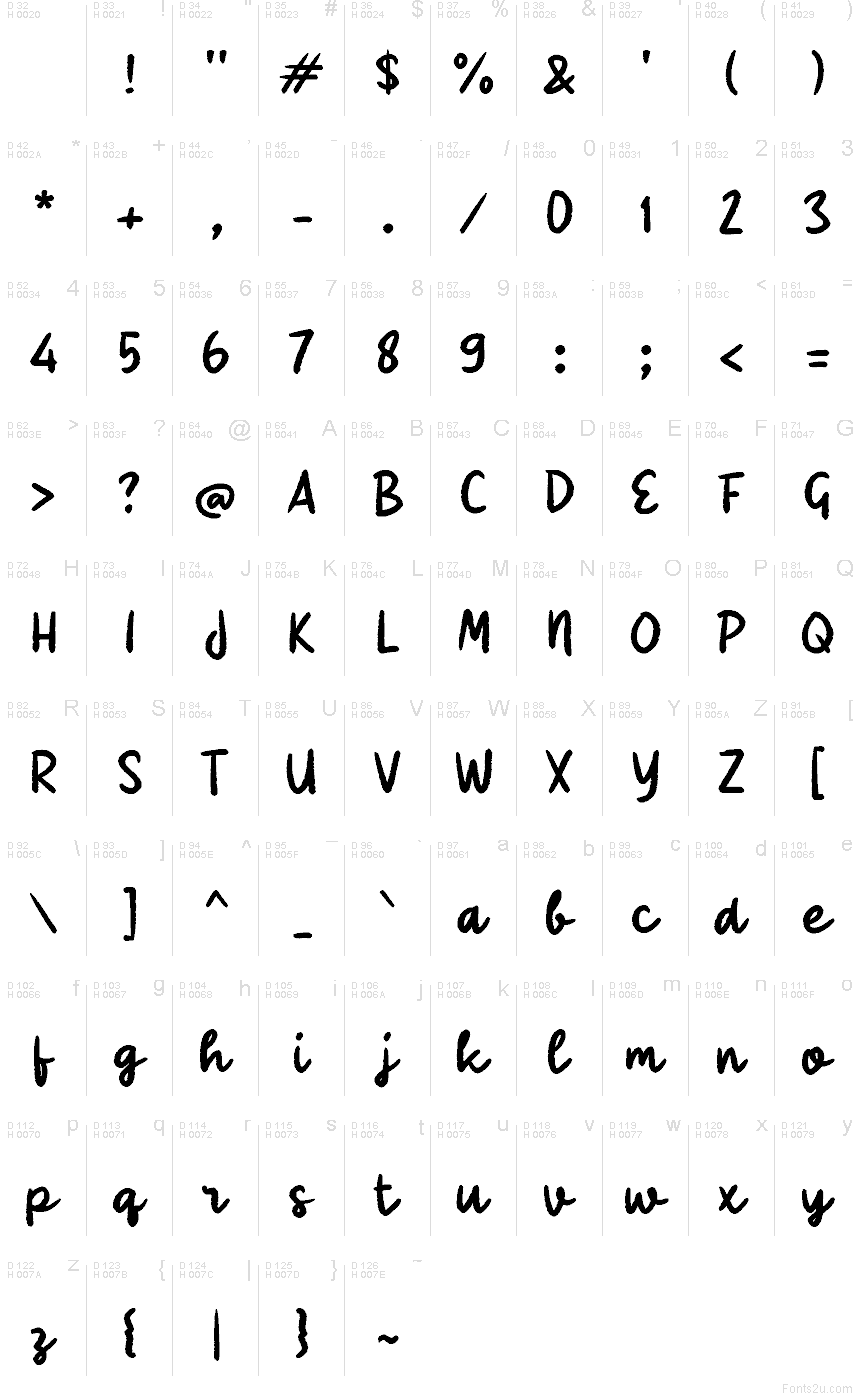 Rabeya Writing font character map: Basic Latin, page 1