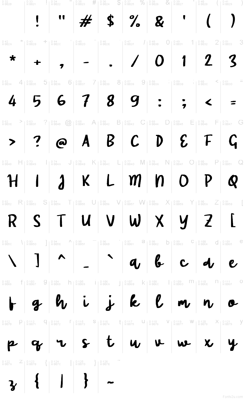 Radya Brush font character map: Basic Latin, page 1