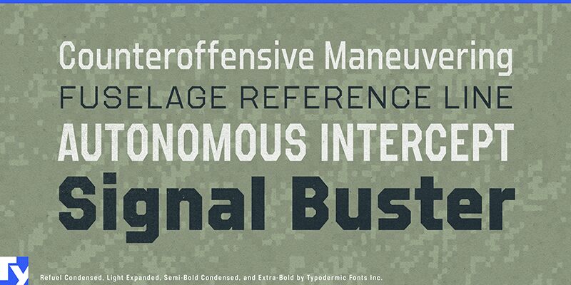 Refuel Extra Bold Condensed font presentation and specimen