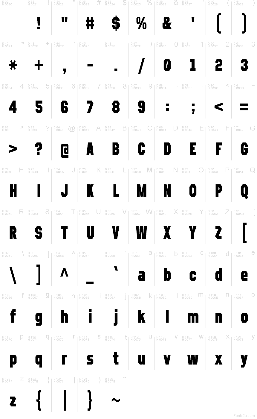 Refuel Extra Bold Condensed font character map: Basic Latin, page 1