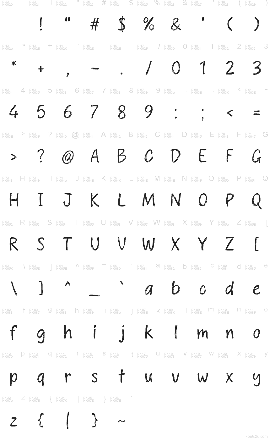 Sketchy Notes font character map: Basic Latin, page 1