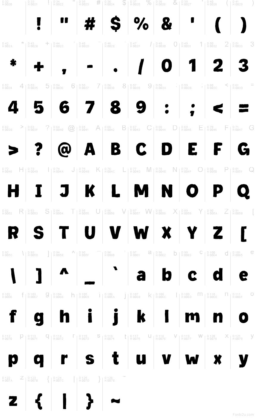 Sunrise Brown font character map: Basic Latin, page 1