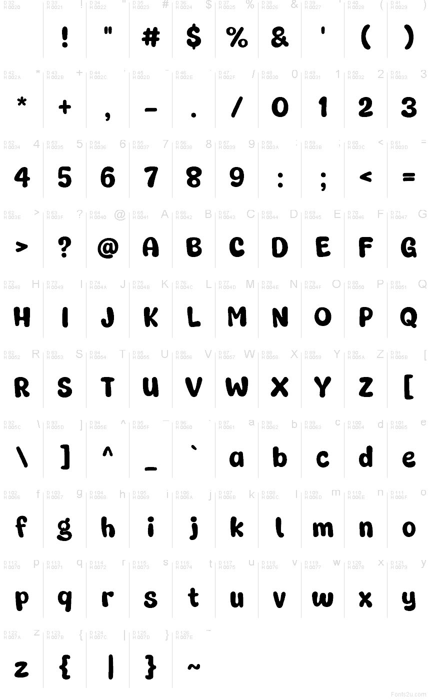 Super Warming Regular font character map: Basic Latin, page 1