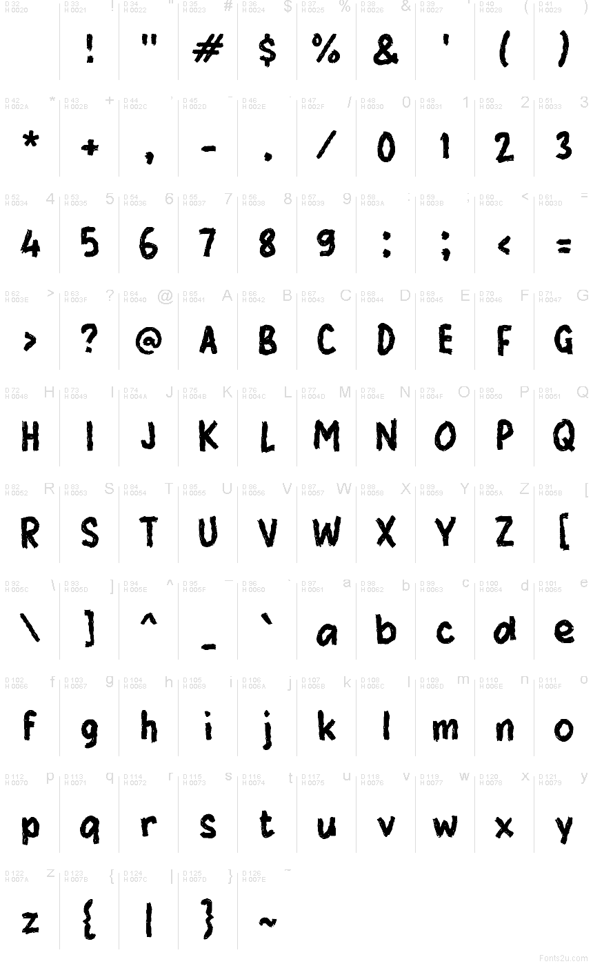 Waokeh font character map: Basic Latin, page 1