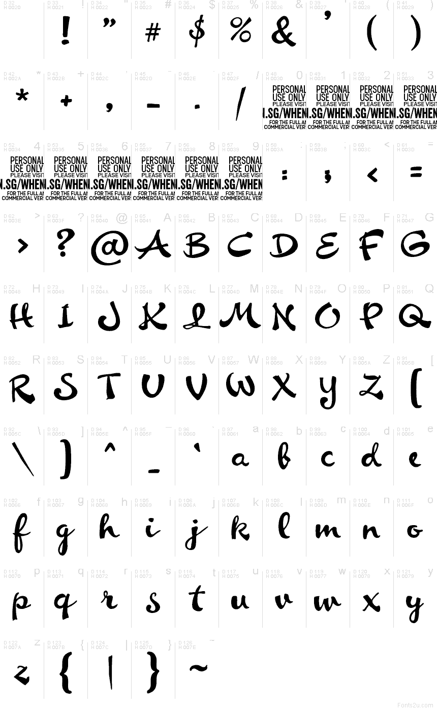 Whenever PERSONAL USE ONLY Regular font character map: Basic Latin, page 1