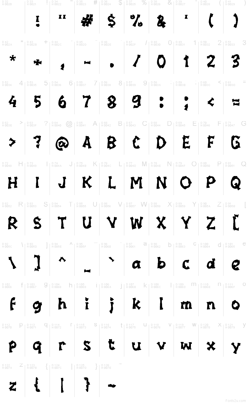 Xabetamu font character map: Basic Latin, page 1