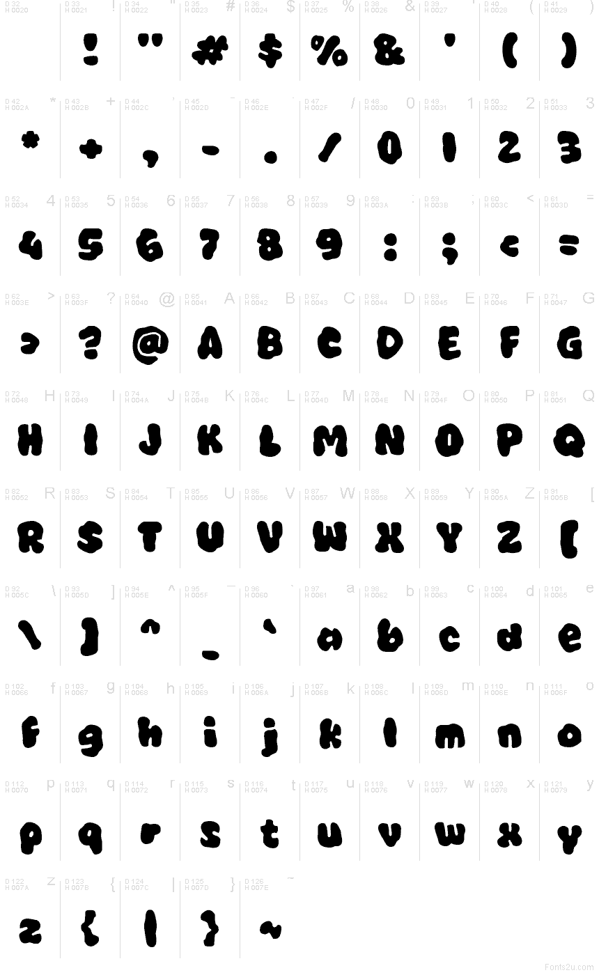 Yabaleya font character map: Basic Latin, page 1