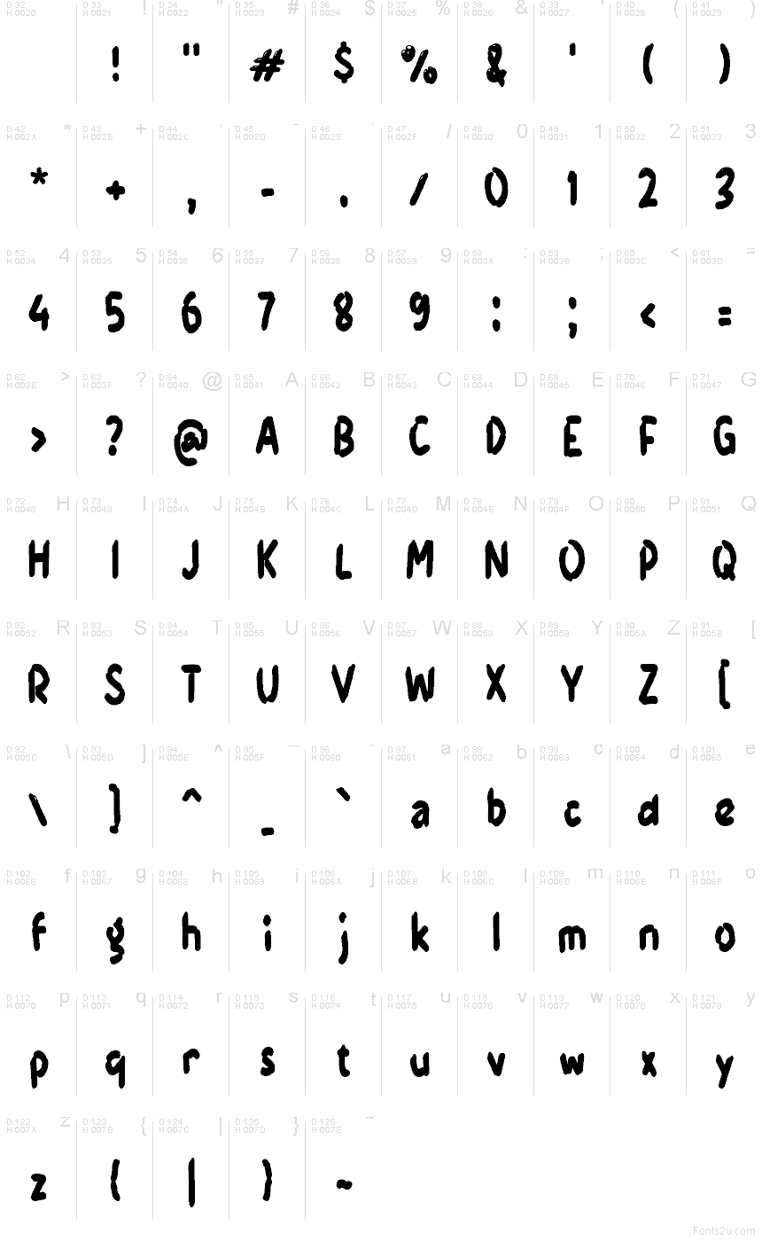 Yabemoz font character map: Basic Latin, page 1