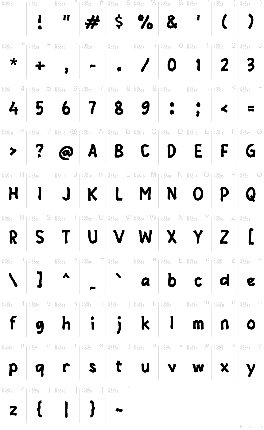 Zabelity font character map: Basic Latin, page 1