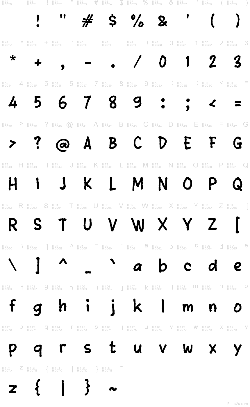 Zablange font character map: Basic Latin, page 1