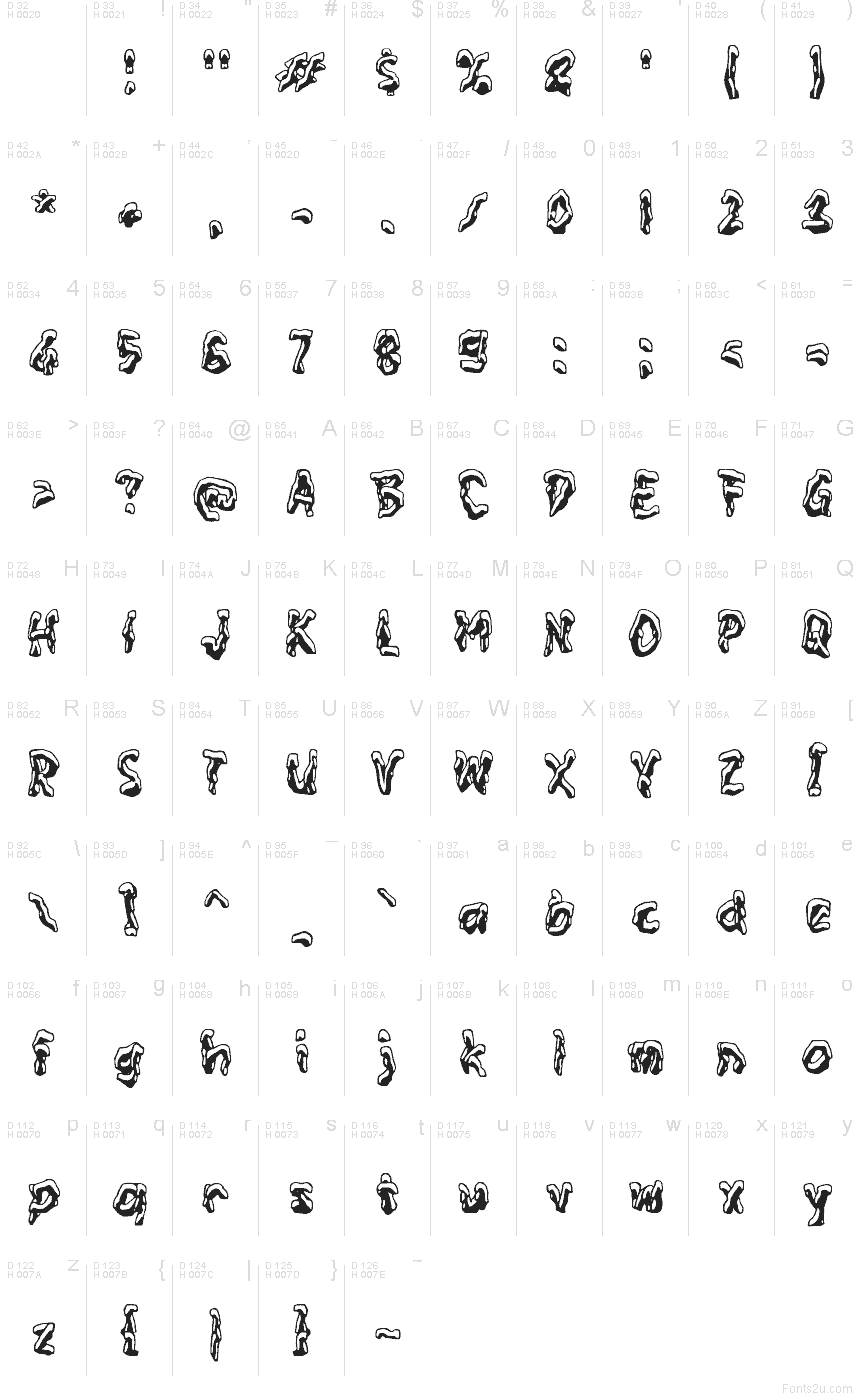 ZABROZEN font character map: Basic Latin, page 1